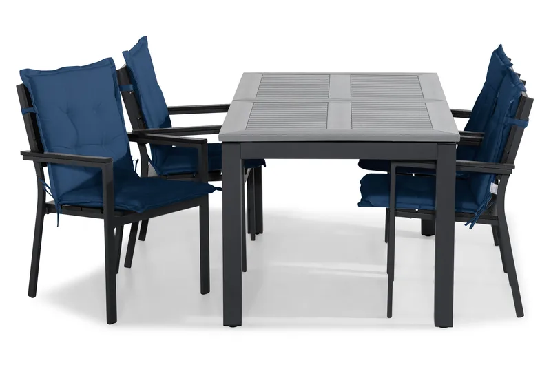 Monaco Matgrupp Utomhus 152-210x90 + 4 Tunis Stapelstol m Dyna, Svart/Blå