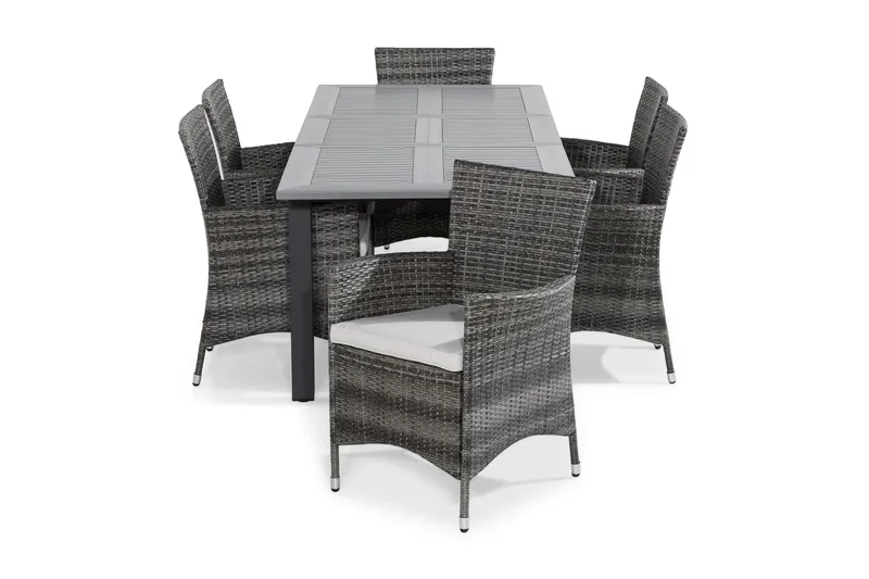 Monaco Matgrupp Utomhus 152-210x90 + 6 Thor Fåtölj m Dyna, Grå/Svart