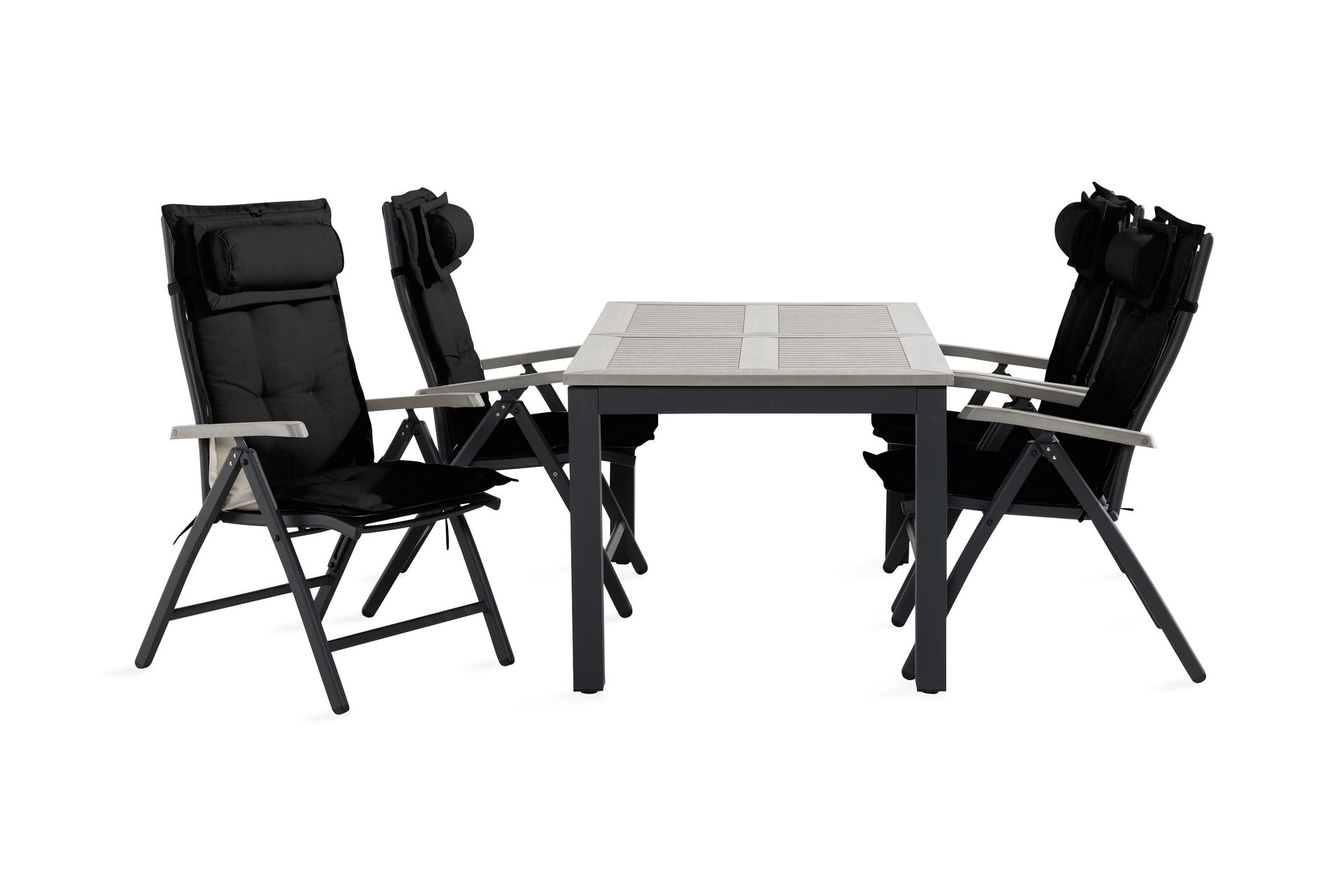 Monaco Matgrupp Utomhus 90x152-210 + 4 Positionsstolar m Dyna - Svart/Gr&aring;