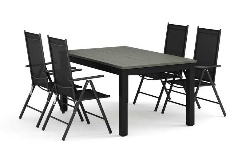 Monaco utomhus matgrupp förlängningsbart 150-250x90 med 4 Maggie positionsstolar, Svart/Grå