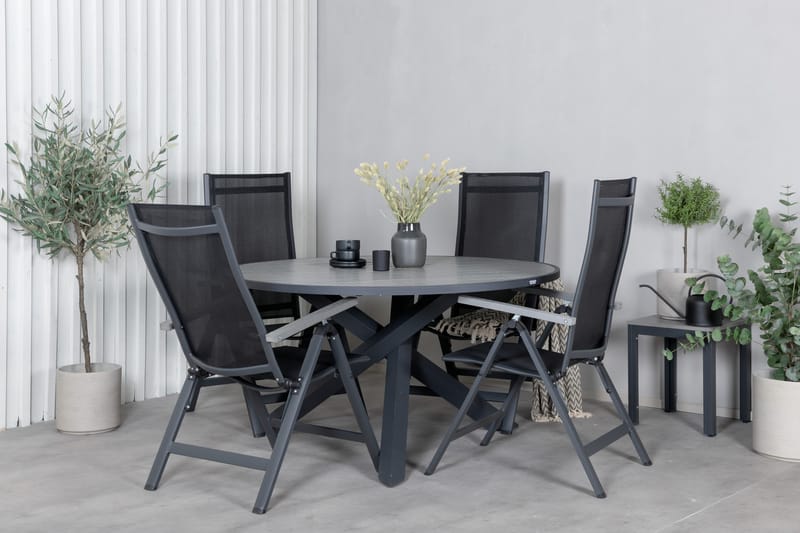 Parma Matgrupp Utomhus Rund Ø140cm + 4 Albany Positionsstolar - Svart/Grå - Utemöbler - Utegrupp - Matgrupper utomhus