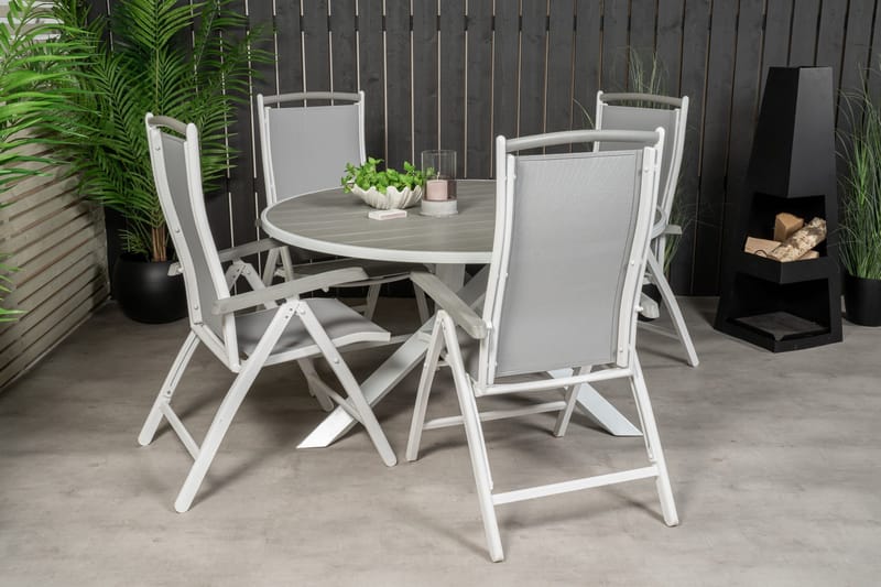 Parma Matgrupp Utomhus Rund Ø140cm + 4 Albany Positionsstolar - Vit/Grå - Utemöbler - Utegrupp - Matgrupper utomhus