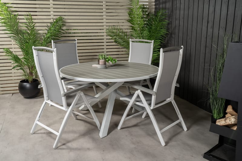 Parma Matgrupp Utomhus Rund Ø140cm + 4 Albany Positionsstolar - Vit/Grå - Utemöbler - Utegrupp - Matgrupper utomhus