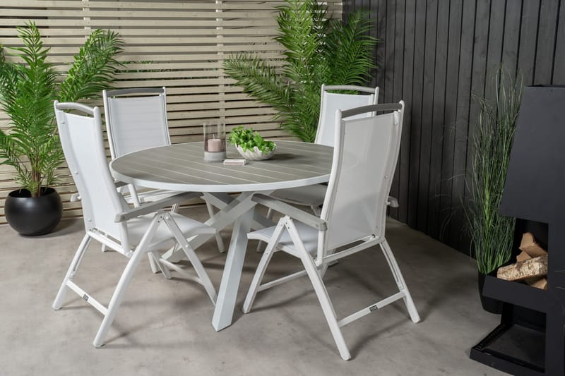 Parma Matgrupp Utomhus Rund Ø140cm + 4 Albany Positionsstolar - Vit/Grå - Utemöbler - Utegrupp - Matgrupper utomhus