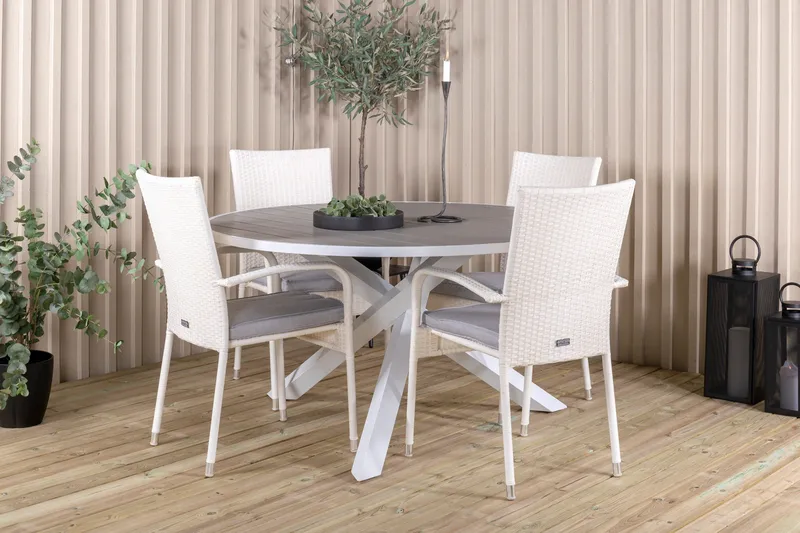 Parma Matgrupp Utomhus Rund Ø140cm + 4 Anna Karmstolar - Vit - Utemöbler - Utegrupp - Matgrupper utomhus