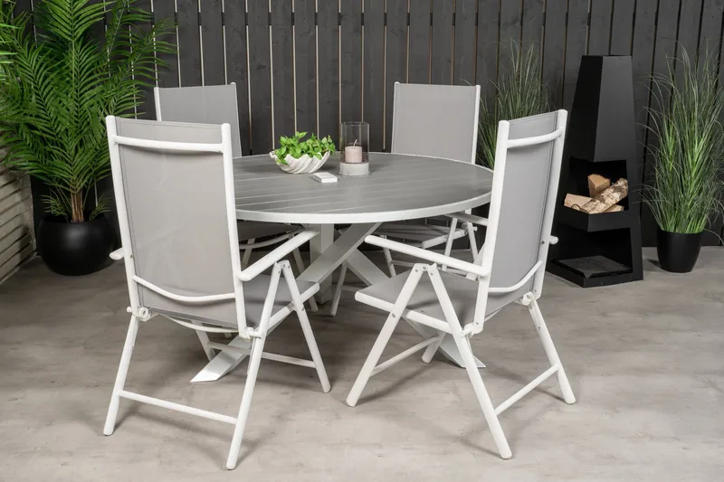 Parma Matgrupp Utomhus Rund Ø140cm + 4 Break Positionsstolar - Vit/Grå - Utemöbler - Utegrupp - Matgrupper utomhus