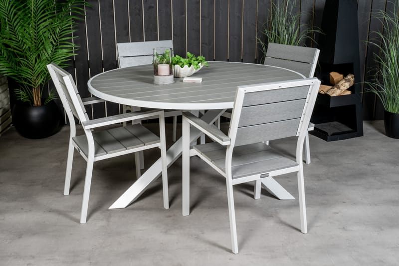 Parma Matgrupp Utomhus Rund Ø140cm + 4 Levels Stapelbara Matstolar - Vit - Utemöbler - Utegrupp - Matgrupper utomhus