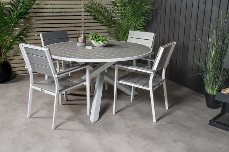 Parma Matgrupp Utomhus Rund Ø140cm + 4 Levels Stapelbara Matstolar - Vit - Utemöbler - Utegrupp - Matgrupper utomhus