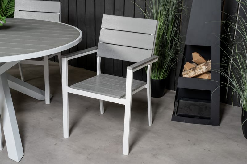 Parma Matgrupp Utomhus Rund Ø140cm + 4 Levels Stapelbara Matstolar - Vit - Utemöbler - Utegrupp - Matgrupper utomhus
