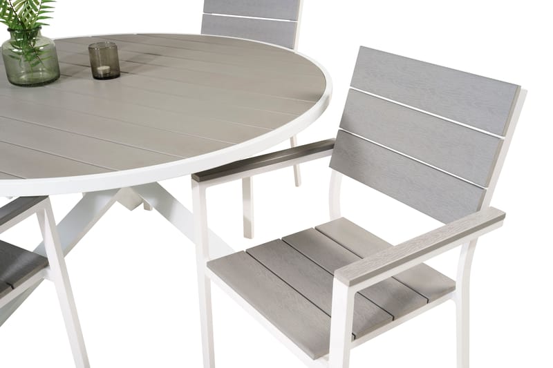 Parma Matgrupp Utomhus Rund Ø140cm + 4 Levels Stapelbara Matstolar - Vit - Utemöbler - Utegrupp - Matgrupper utomhus