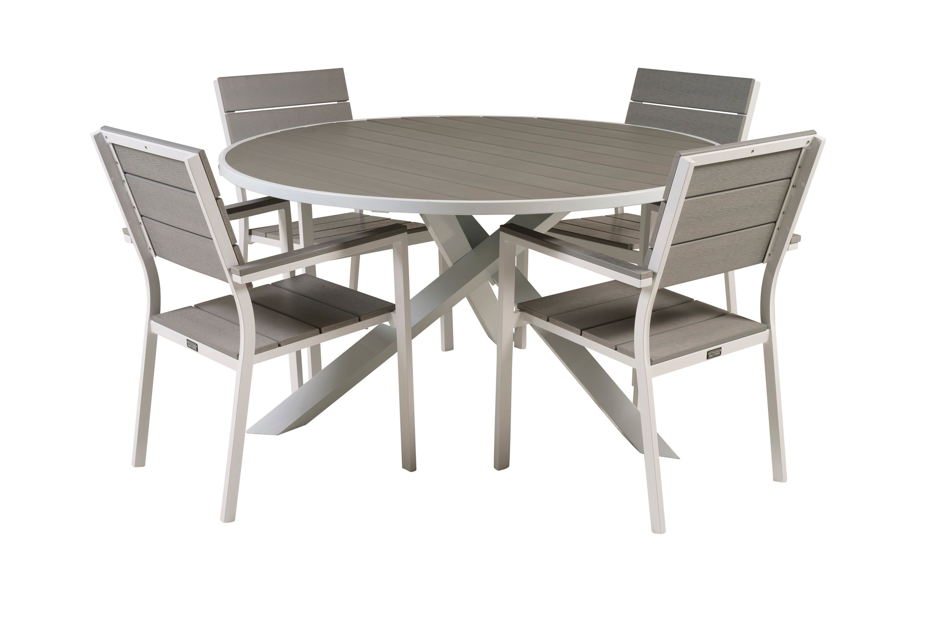 parma matgrupp utomhus rund ø140cm + 4 levels stapelbara matstolar - vit