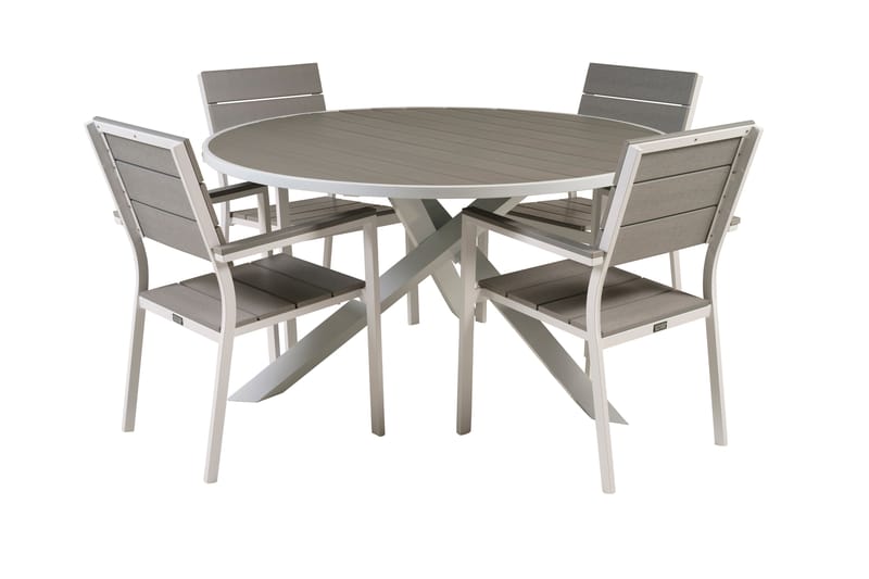 Parma Matgrupp Utomhus Rund Ø140cm + 4 Levels Stapelbara Matstolar - Vit - Utemöbler - Utegrupp - Matgrupper utomhus