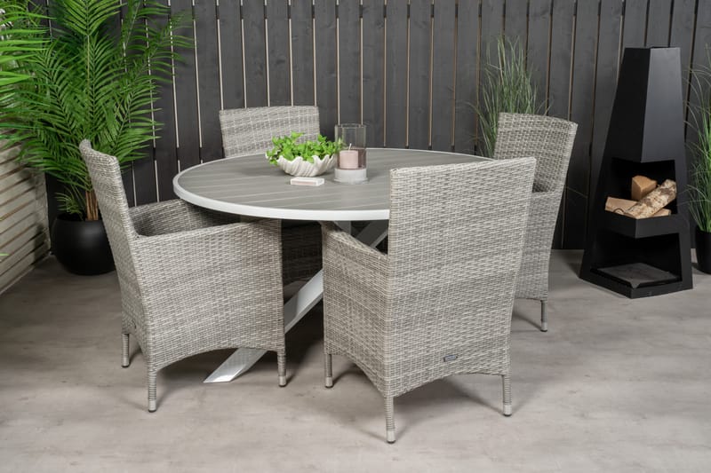 Parma Matgrupp Utomhus Rund Ø140cm + 4 Malin Karmstolar - Natur/Svart - Utemöbler - Utegrupp - Matgrupper utomhus