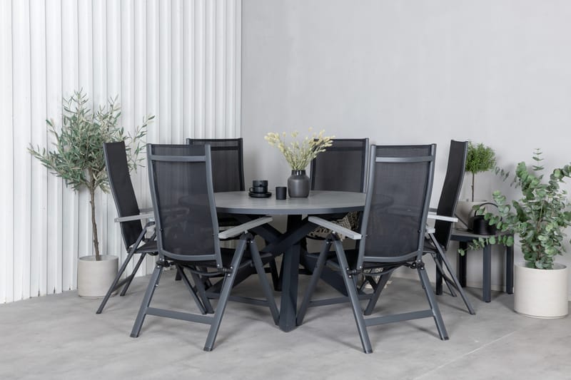 Parma Matgrupp Utomhus Rund Ø140cm + 6 Albany Positionsstolar - Svart/Grå - Utemöbler - Utegrupp - Matgrupper utomhus