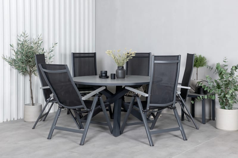 Parma Matgrupp Utomhus Rund Ø140cm + 6 Albany Positionsstolar - Svart/Grå - Utemöbler - Utegrupp - Matgrupper utomhus