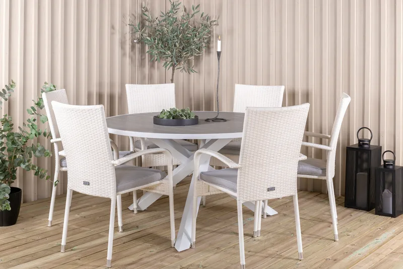 Parma Matgrupp Utomhus Rund Ø140cm + 6 Anna Karmstolar - Vit - Utemöbler - Utegrupp - Matgrupper utomhus
