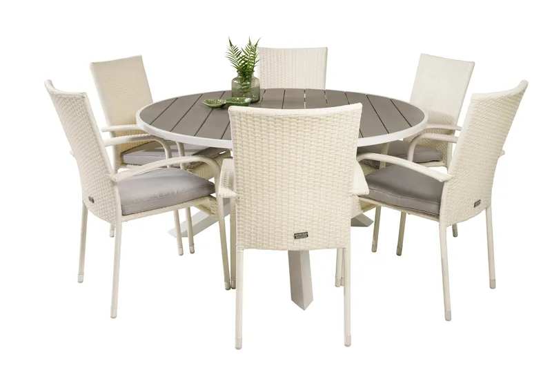 Parma Matgrupp Utomhus Rund Ø140cm + 6 Anna Karmstolar - Vit - Utemöbler - Utegrupp - Matgrupper utomhus