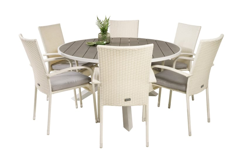 Parma Matgrupp Utomhus Rund Ø140cm + 6 Anna Karmstolar - Vit - Utemöbler - Utegrupp - Matgrupper utomhus