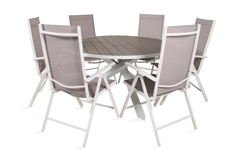 Parma Matgrupp Utomhus Rund Ø140cm + 6 Break Positionsstolar, Vit/Grå