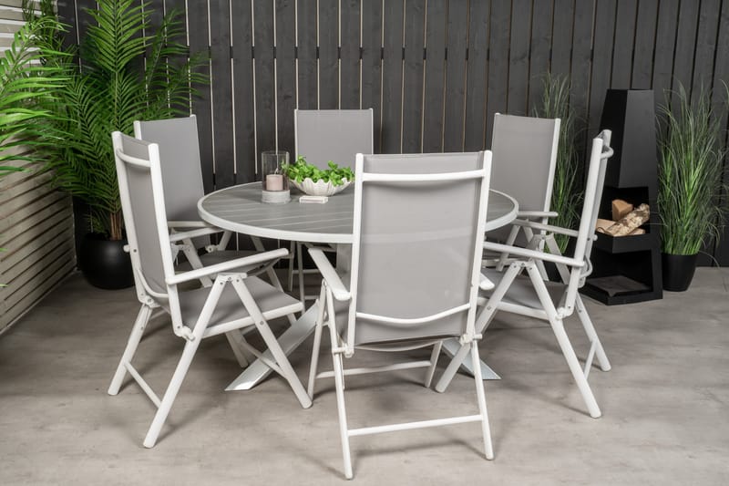Parma Matgrupp Utomhus Rund Ø140cm + 6 Break Positionsstolar - Vit/Grå - Utemöbler - Utegrupp - Matgrupper utomhus