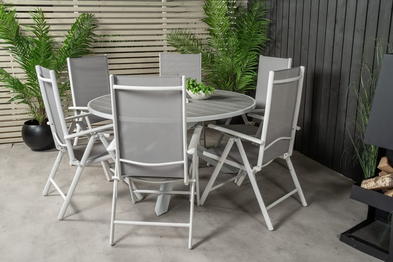 Parma Matgrupp Utomhus Rund Ø140cm + 6 Break Positionsstolar - Vit/Grå - Utemöbler - Utegrupp - Matgrupper utomhus