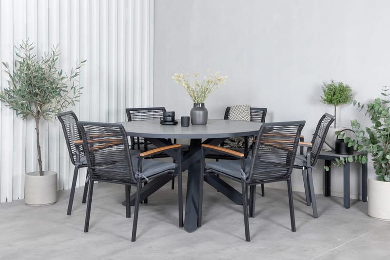 Parma Matgrupp Utomhus Rund Ø140cm + 6 Dallas Matstolar - Svart/Grå - Utemöbler - Utegrupp - Matgrupper utomhus