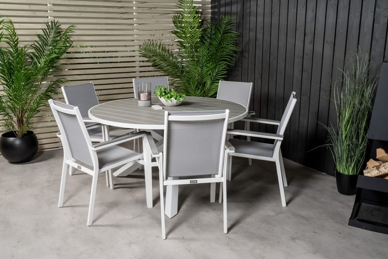 Parma Matgrupp Utomhus Rund Ø140cm + 6 Karmstolar - Vit/Grå - Utemöbler - Utegrupp - Matgrupper utomhus