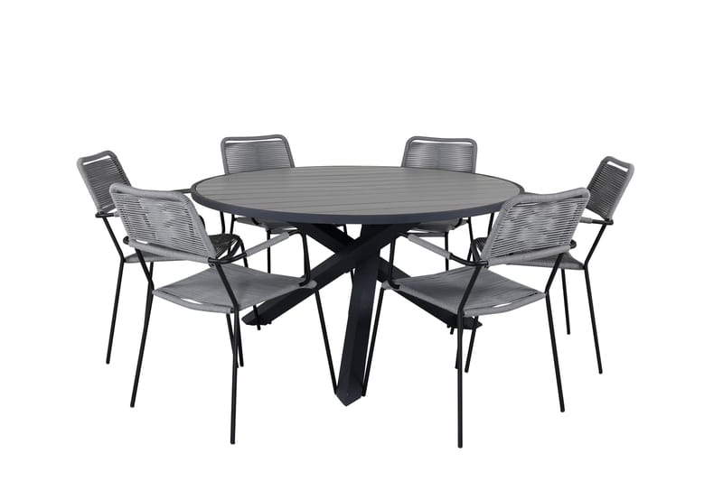 Parma Matgrupp Utomhus Rund Ø140cm + 6 Lindos Karmstolar - Svart/Grå - Utemöbler - Utegrupp - Matgrupper utomhus