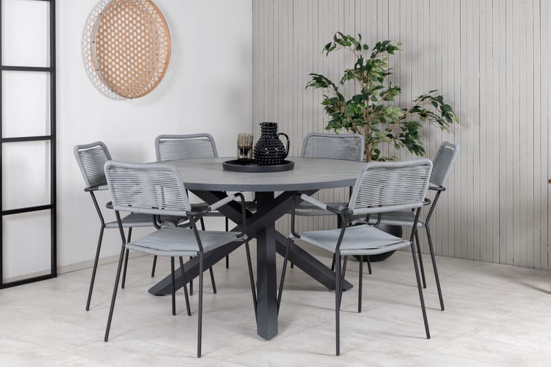 Parma Matgrupp Utomhus Rund Ø140cm + 6 Lindos Karmstolar - Svart/Grå - Utemöbler - Utegrupp - Matgrupper utomhus