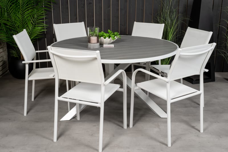 Parma Matgrupp Utomhus Rund Ø140cm + 6 Santorini Karmstolar - Vit - Utemöbler - Utegrupp - Matgrupper utomhus