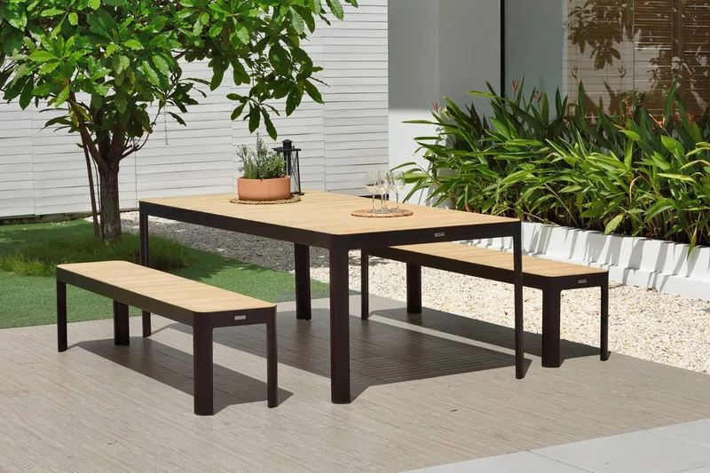 Portals Matgrupp Utomhus 161x95 cm + 2 Bänkar - Teak/Svart - Utemöbler - Utegrupp - Matgrupper utomhus