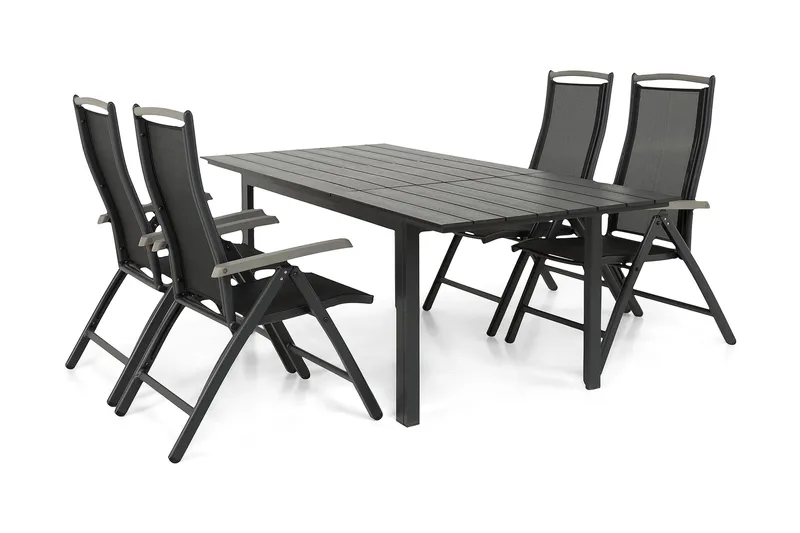 Portland Matgrupp Utomhus 152-210x90 + 4 Monaco Lyx Positionsstol - Svart/Grå - Utemöbler - Utegrupp - Matgrupper utomhus