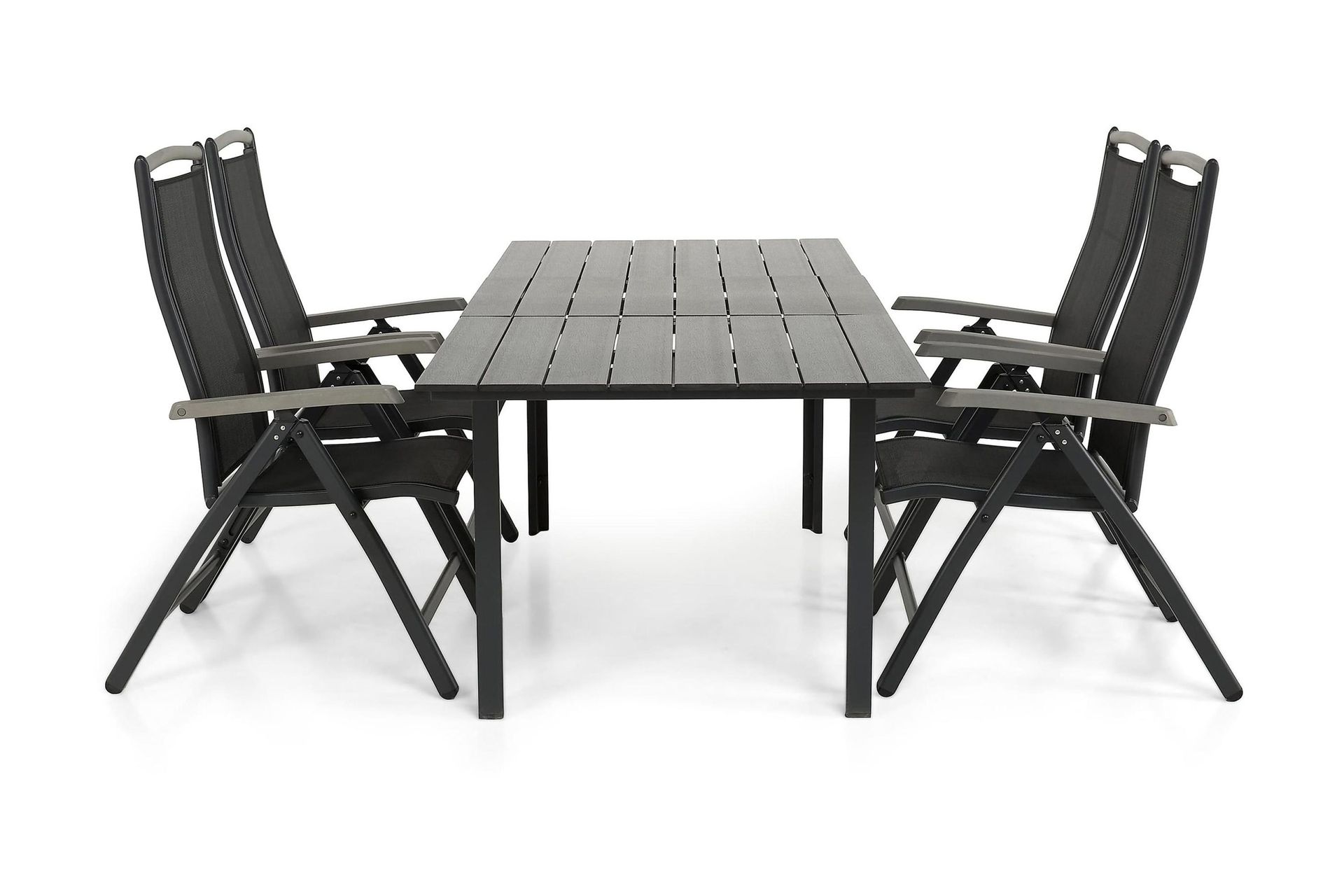 portland matgrupp utomhus 152-210x90 + 4 monaco lyx positionsstol - svart/grå