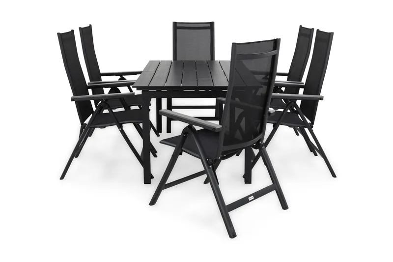 Portland Matgrupp Utomhus 152-210x90 + 6 Monaco Light Positionsstol, Svart/Grå