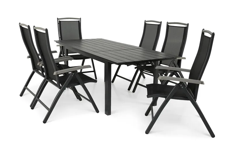 Portland Matgrupp Utomhus 152-210x90 + 6 Monaco Lyx Positionsstol - Svart/Grå - Utemöbler - Utegrupp - Matgrupper utomhus