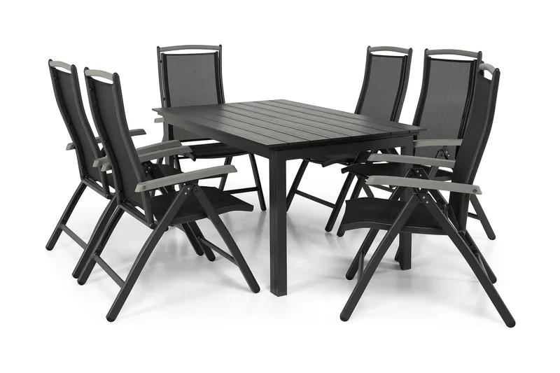 Portland Matgrupp Utomhus 152-210x90 + 6 Monaco Lyx Positionsstol - Svart/Grå - Utemöbler - Utegrupp - Matgrupper utomhus