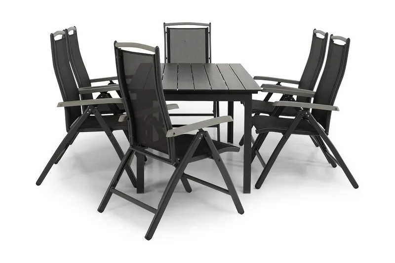 Portland Matgrupp Utomhus 152-210x90 + 6 Monaco Lyx Positionsstol - Svart/Grå - Utemöbler - Utegrupp - Matgrupper utomhus