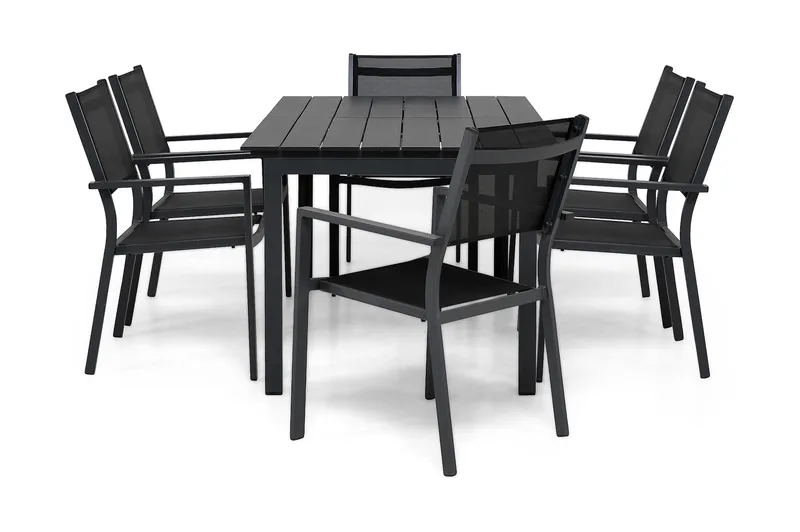 Portland Matgrupp Utomhus 152-210x90 + 6 Sierra Stapelstol, Svart