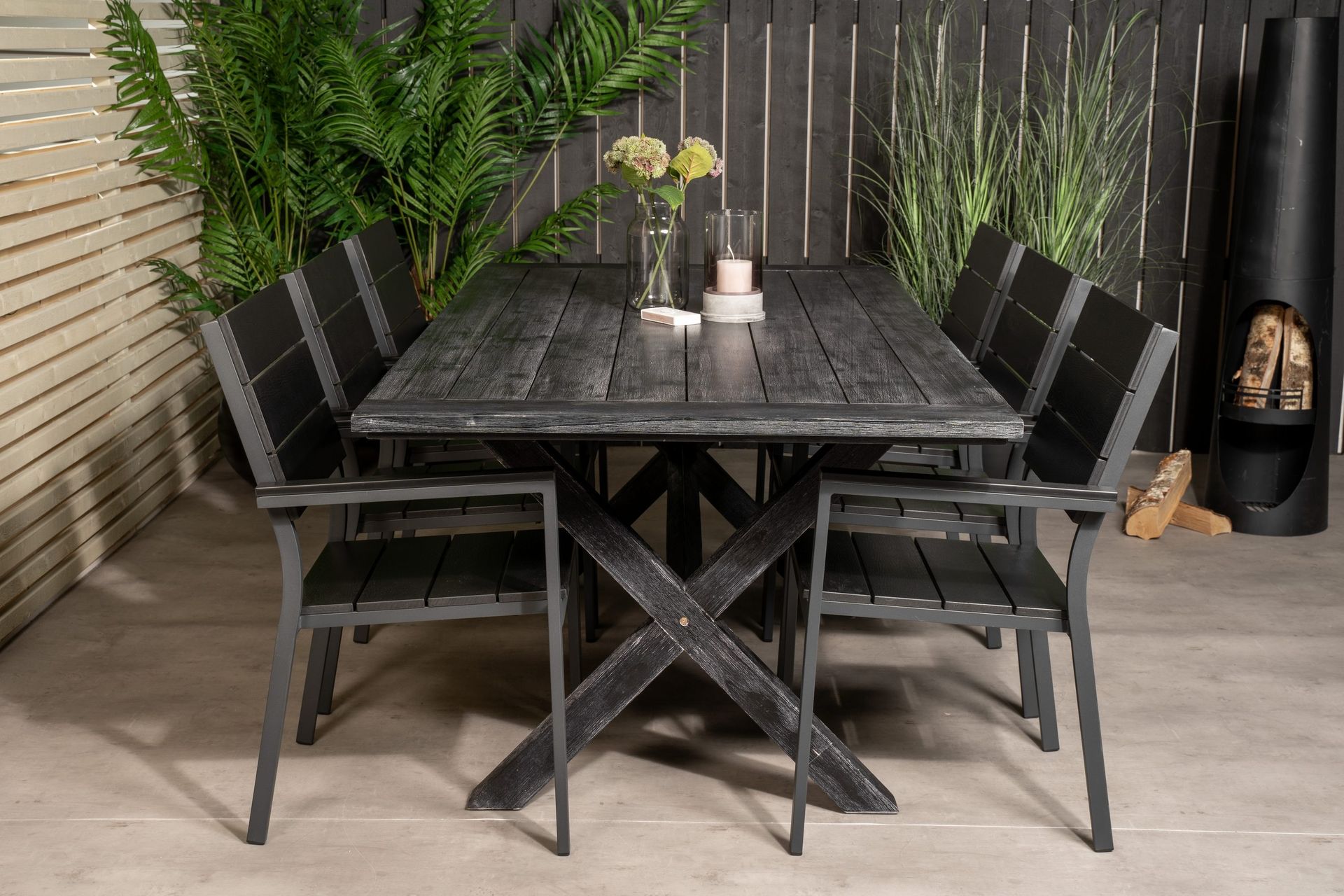 Rives Matgrupp Utomhus 200cm + 6 Levels Stapelbara Matstolar - Svart