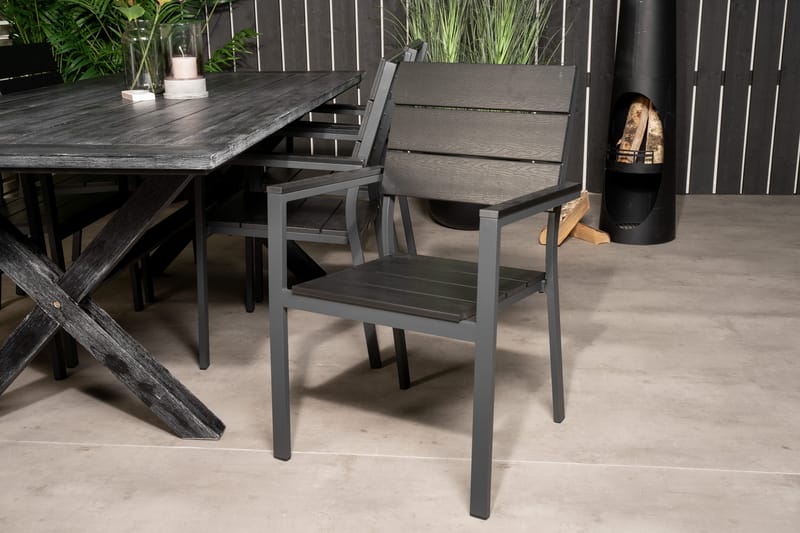 Rives Matgrupp Utomhus 200cm + 6 Levels Stapelbara Matstolar - Svart - Utemöbler - Utegrupp - Matgrupper utomhus