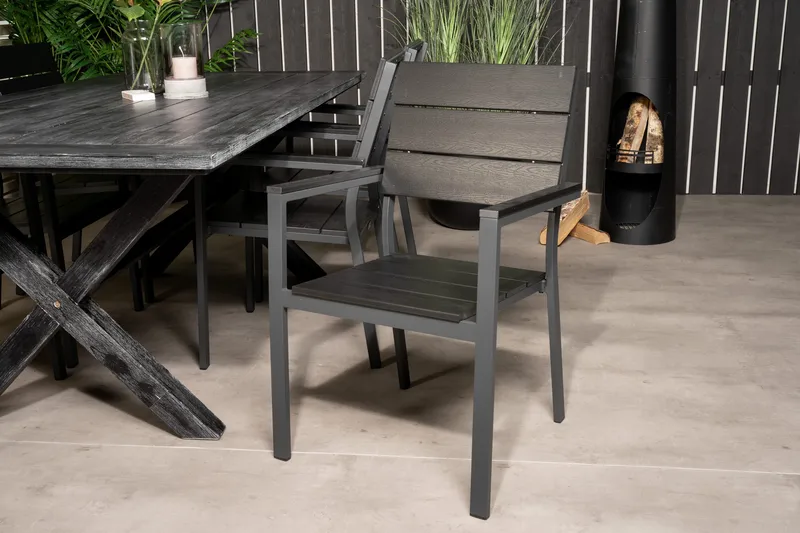 Rives Matgrupp Utomhus 200cm + 6 Levels Stapelbara Matstolar - Svart - Utemöbler - Utegrupp - Matgrupper utomhus