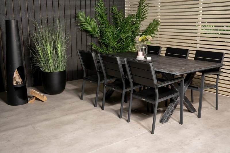 Rives Matgrupp Utomhus 200cm + 6 Levels Stapelbara Matstolar - Svart - Utemöbler - Utegrupp - Matgrupper utomhus