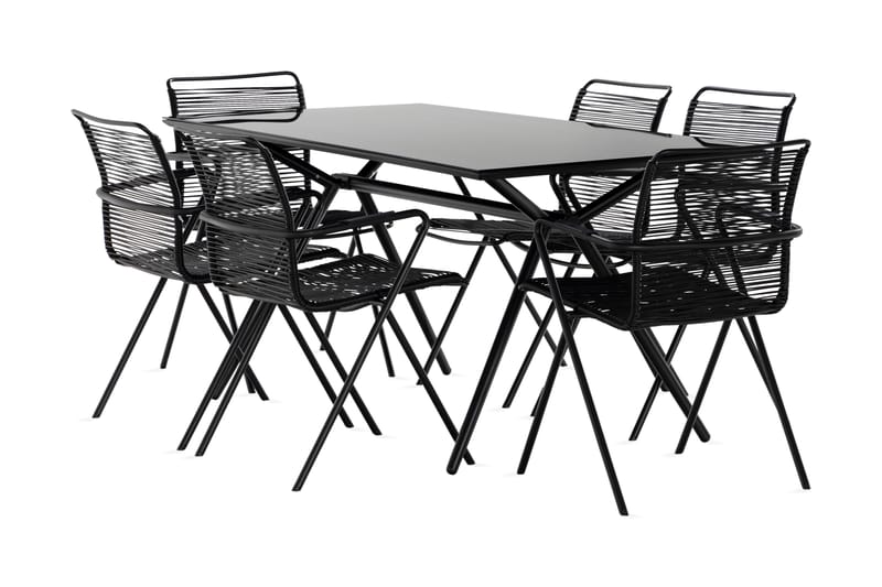 ROSASCO Matbord Utomhus 160 cm Glas/Svart + 6 Utestolar - Utemöbler - Utegrupp - Matgrupper utomhus