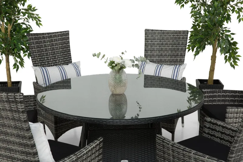 Round Matgrupp Ø140 + 6 Jenny Ställbar Fåtölj - Svart/Grå - Utemöbler - Utegrupp - Matgrupper utomhus