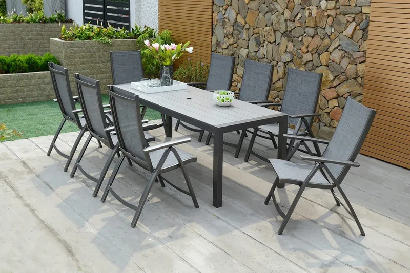 Solana Matgrupp Utomhus 201 cm + 8 Positionsstolar - Grå - Utemöbler - Utegrupp - Matgrupper utomhus