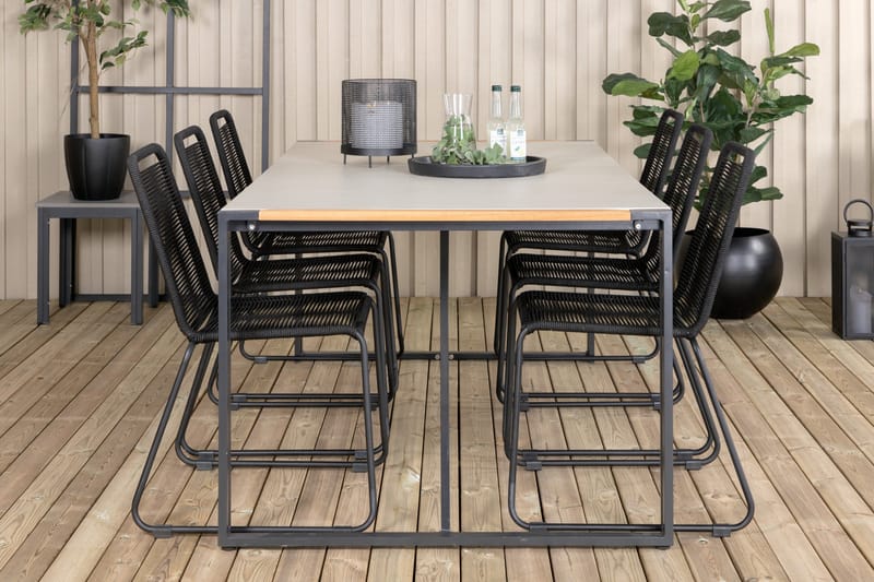 Texas Matgrupp Utomhus 200cm + 6 Lindos Stapelbara Matstolar - Svart - Utemöbler - Utegrupp - Matgrupper utomhus