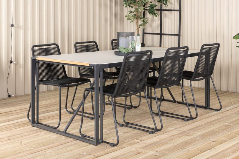 Texas Matgrupp Utomhus 200cm + 6 Lindos Stapelbara Matstolar - Svart - Utemöbler - Utegrupp - Matgrupper utomhus