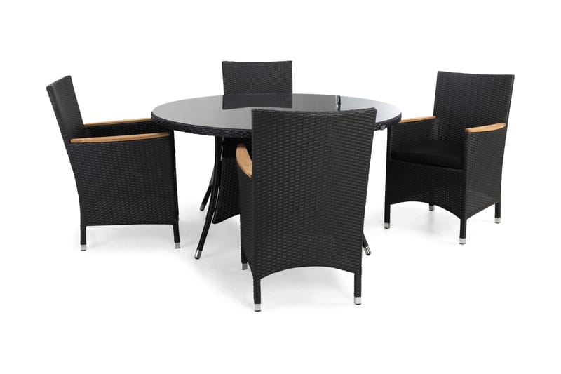 THOR Bord 140 + 4 Fåtöljer Lyx Svart/Teak + dyna Svart - Utemöbler - Utegrupp - Matgrupper utomhus