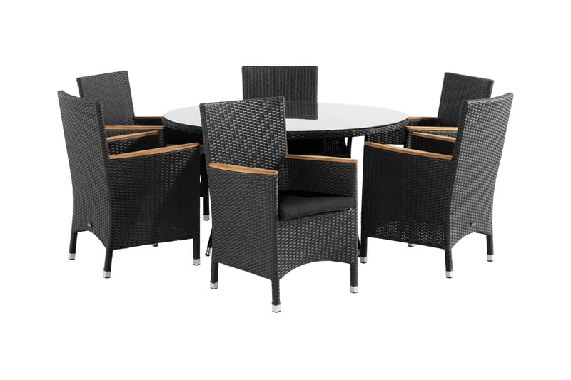 THOR Bord 140 + 6 Fåtöljer Lyx Svart/Teak + dyna Svart - Utemöbler - Utegrupp - Matgrupper utomhus