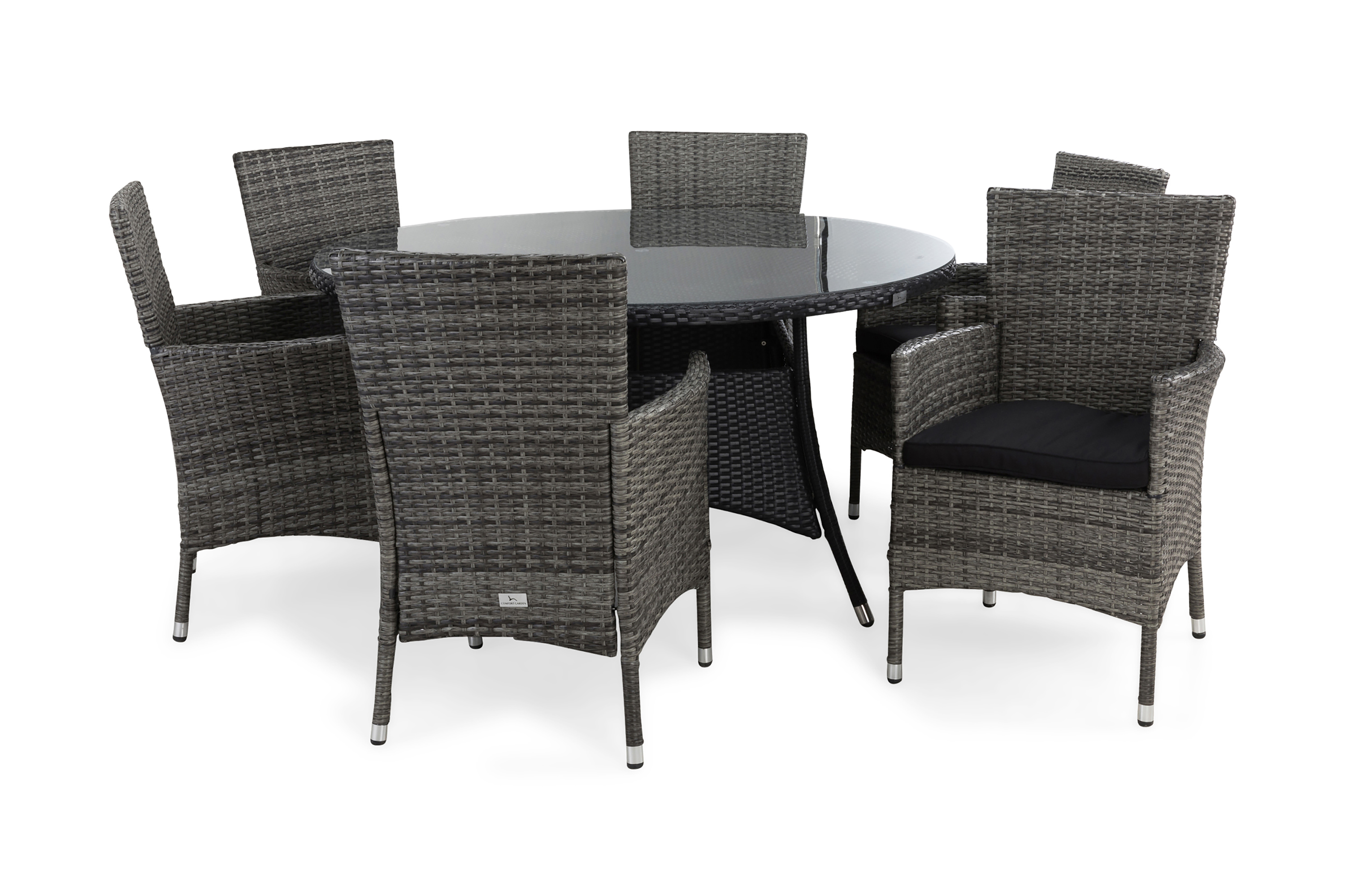 thor bord 140 grå + 6 fåtöljer lyx svart + dyna svart -